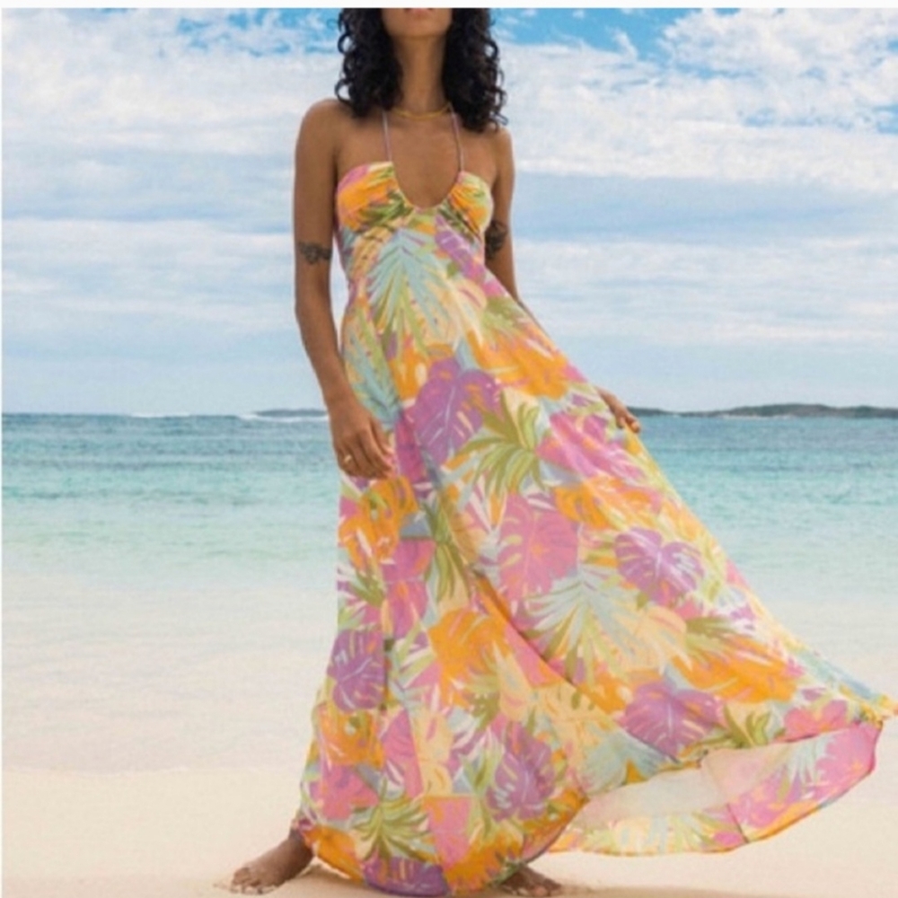 Billabong Tropical Maxi Dress in Pink, Yellow, Green